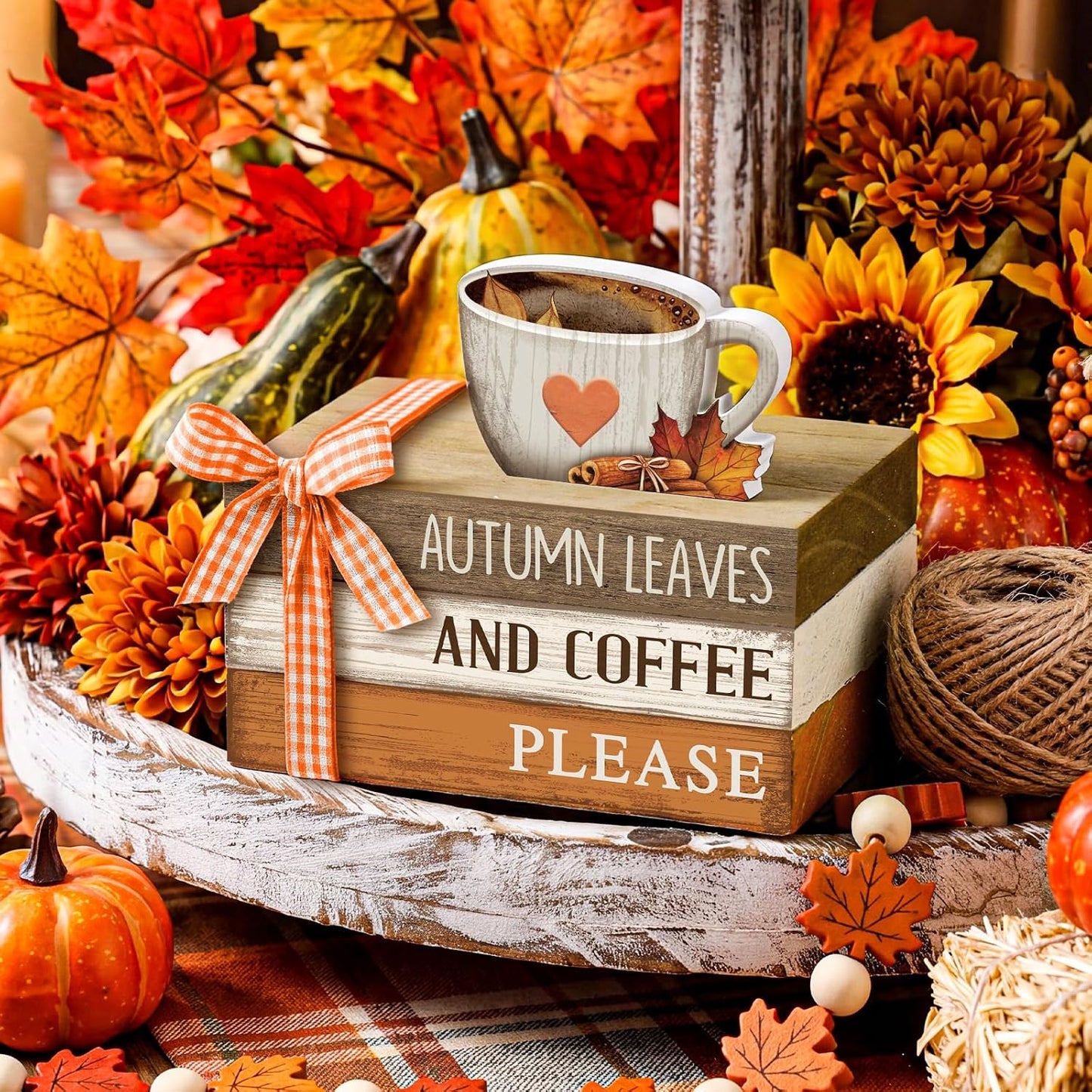 Tiered Tray Decor Rustic Decorative Mini Wooden Faux Book Stack Autumn Maple Leaf / Fall / Set of 4