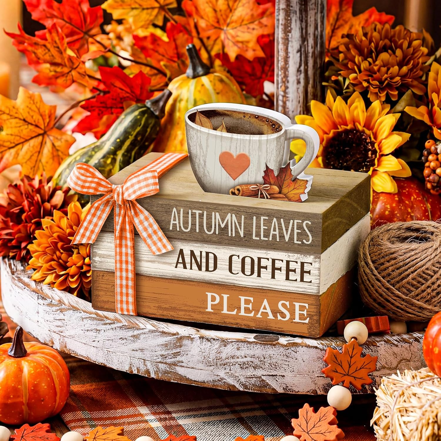 Tiered Tray Decor Rustic Decorative Mini Wooden Faux Book Stack Autumn Maple Leaf / Fall / Set of 4