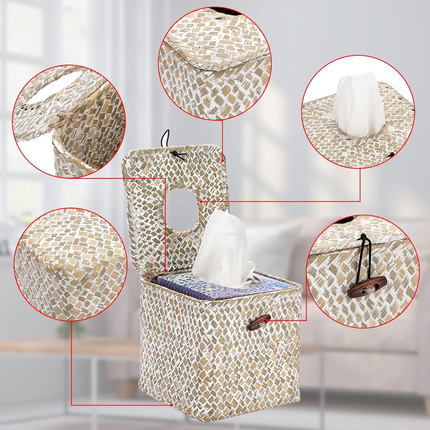 Woven Tissue Box Holder Rustic Cube Tissue Cover / Whitewash / Seagrass