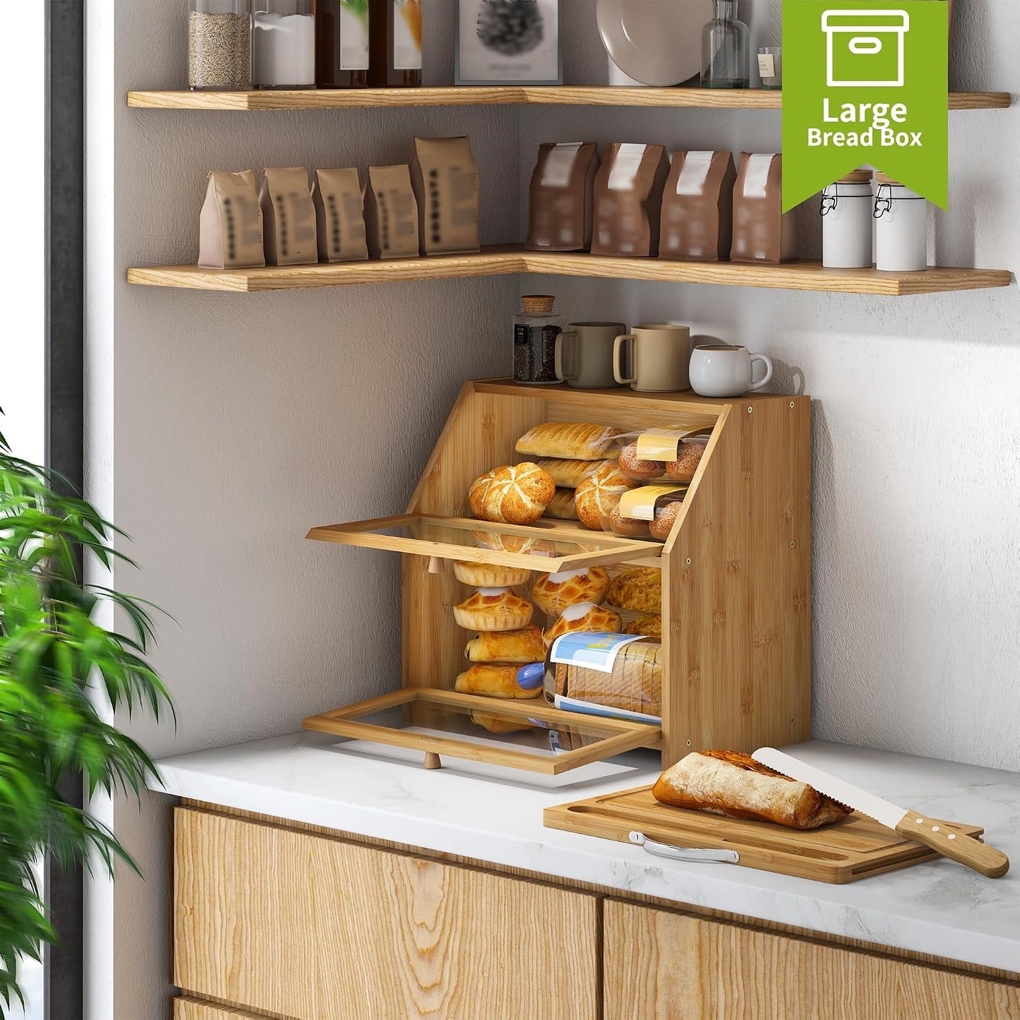 BMOSU Bread Box with Cutting Board Kitchen Bread Storage Organizer Farmhouse Countertop Double Bamboo Wood Bread