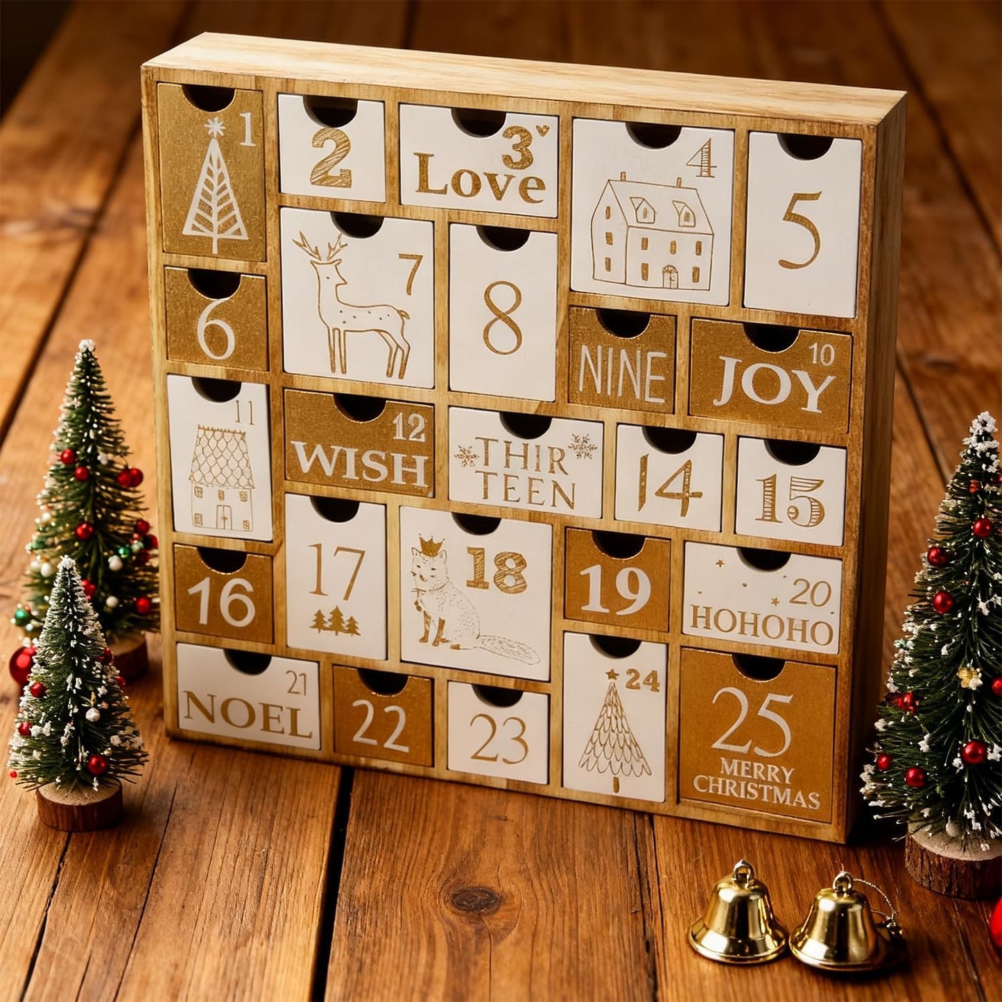 Juegoal Advent Calendar with 25 Drawers Countdown to Christmas, Refillable Wooden Advent Xmas Gift for Kids, 12 Inches