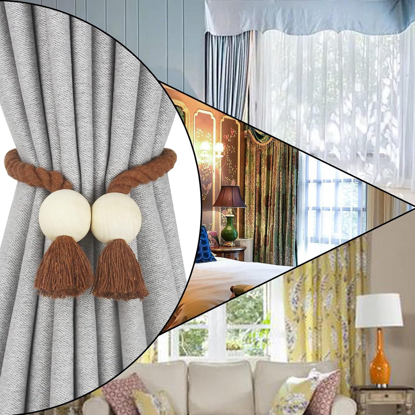 Magnetic Curtain Tiebacks Decorative Tie Back Drapes Holdbacks Nieffeiy | 6 Pack Khaki Cotton Hand Woven Rope Curtain