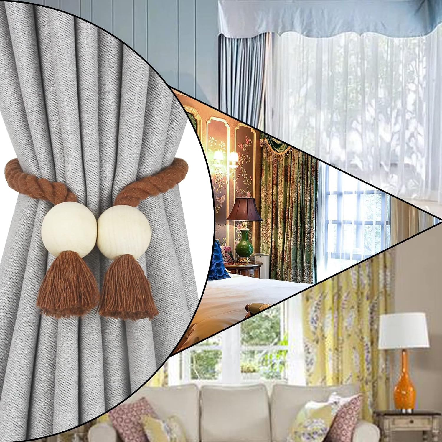 Magnetic Curtain Tiebacks Decorative Tie Back Drapes Holdbacks Nieffeiy | 6 Pack Khaki Cotton Hand Woven Rope Curtain