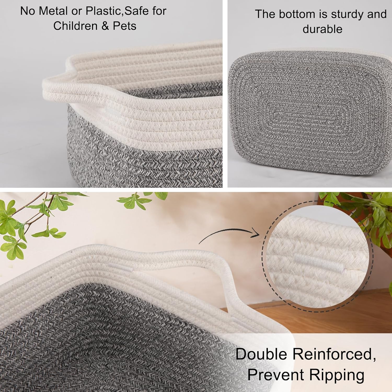 Woven Cotton Rope Basket / Grey Variegated / 13.8''x9.8''x5.5 / Set of 3