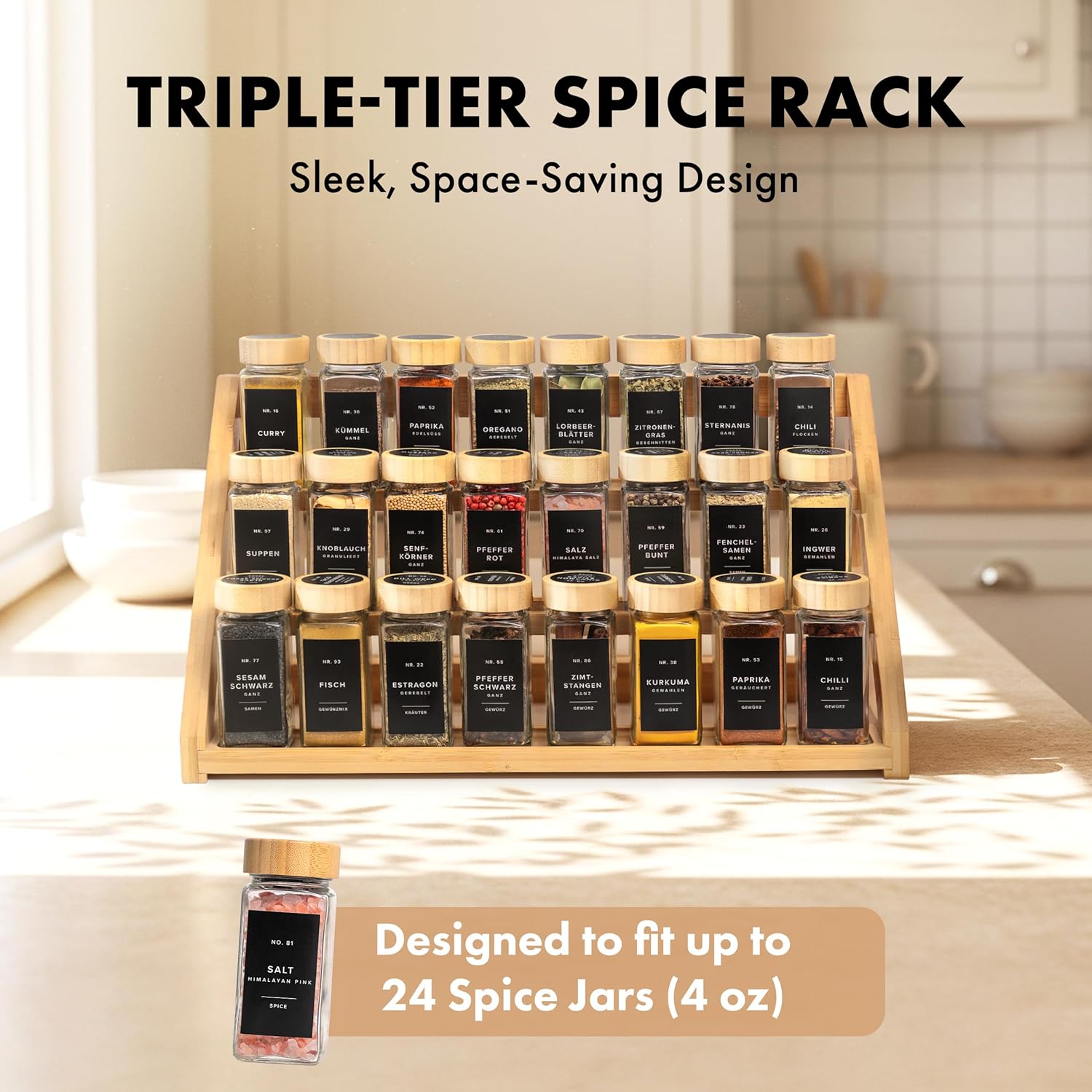 3 Tier Bamboo Spice Rack Organizer for Cabinet – Fits 24 Spice Jars, 17.5” Wide Countertop & Cabinet Organizer for
