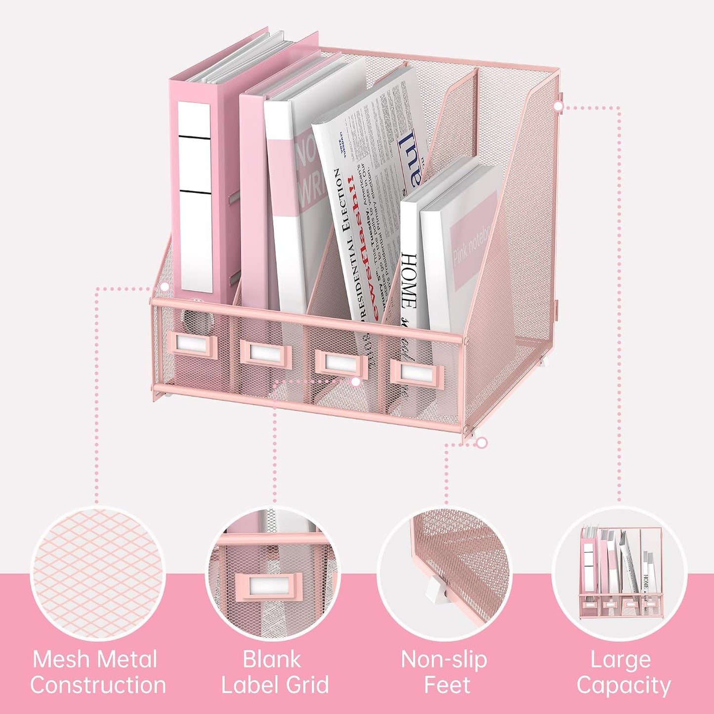 4-Compartment Magazine File Holder and File Organizer for Desk, Pink | Metal Magazine Holder and Magazine File Holder