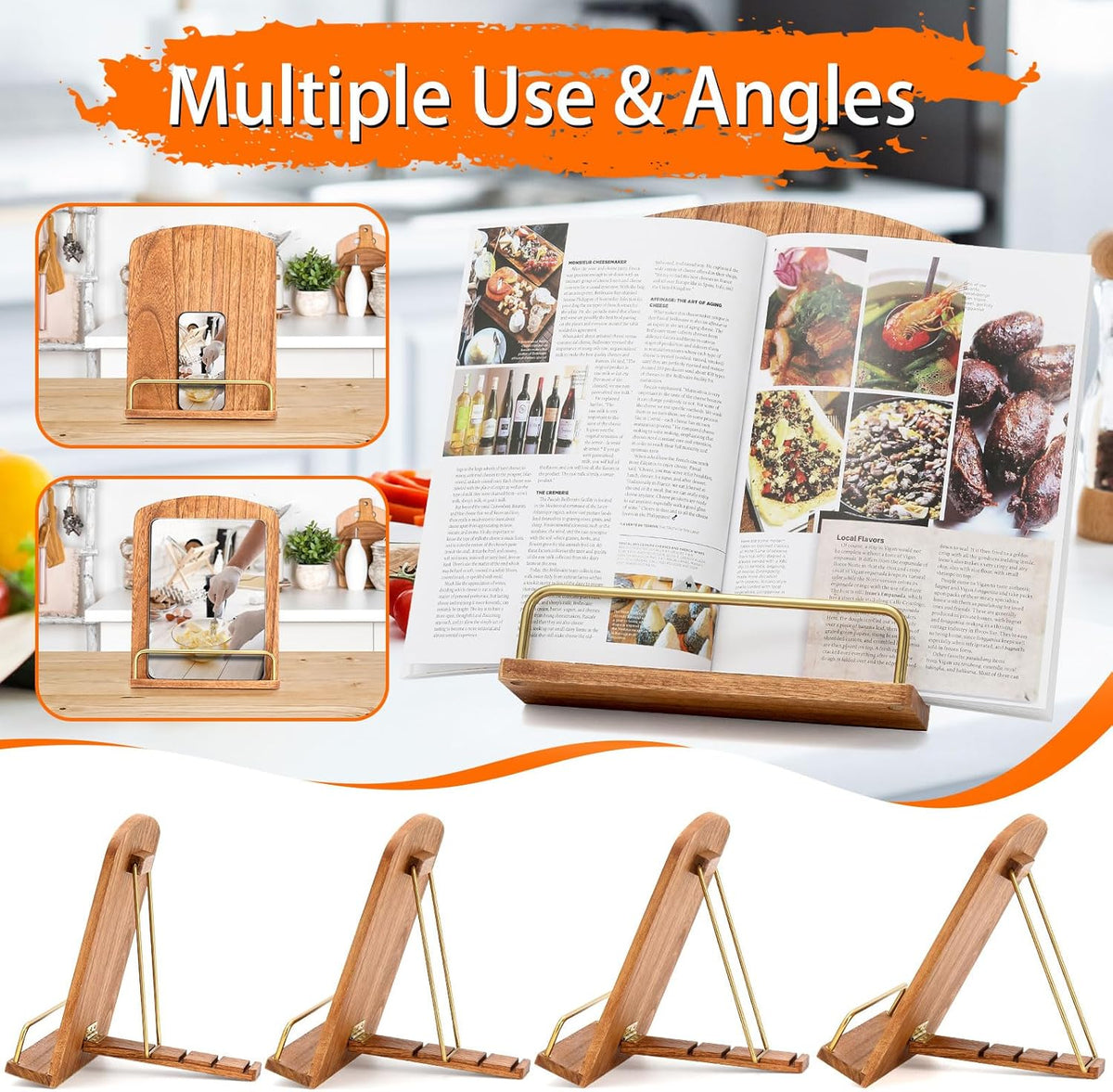 Cookbook Stand for Kitchen Counter Decor - Adjustable Cookbook Holder | 9"L×11"H Wooden Cook Book Stand, Recipe Book