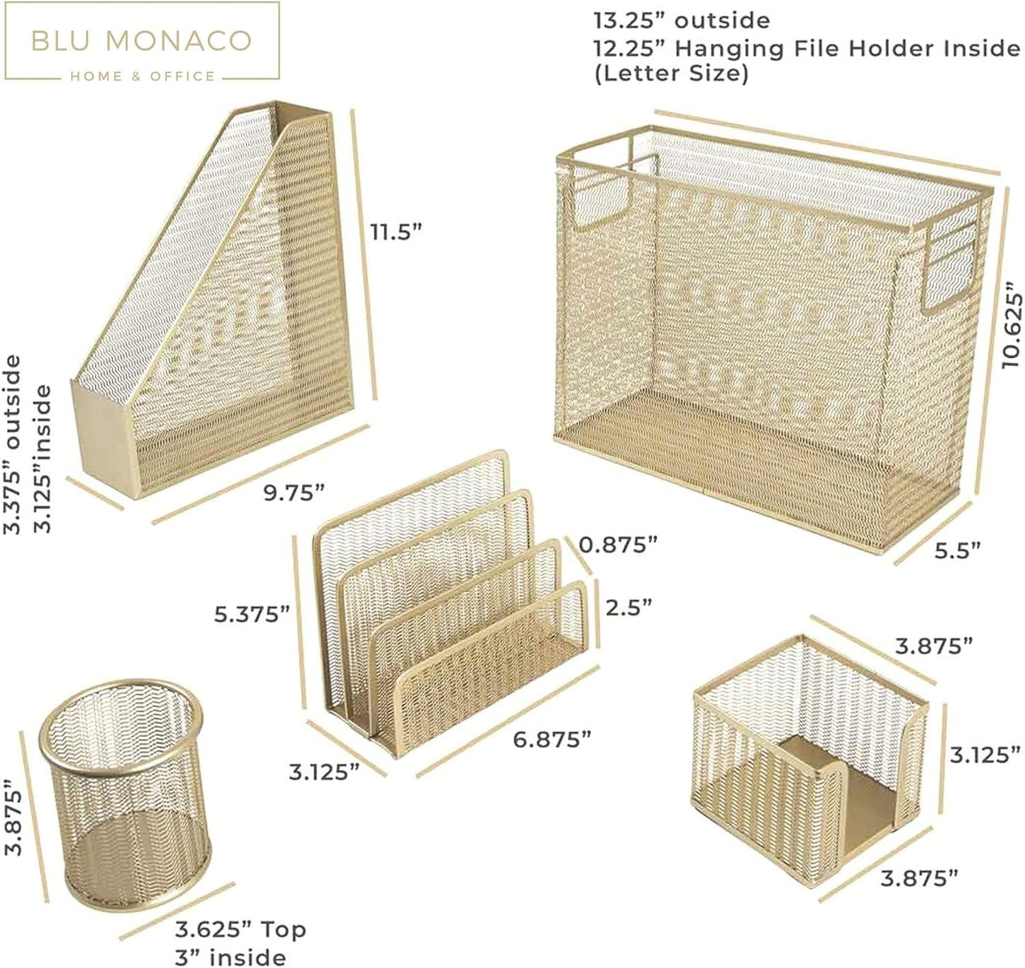 BLU MONACO | Gold Desk File Folder Organizer Set | Desktop Hanging File Organizer with Letter Size Holder | Hanging