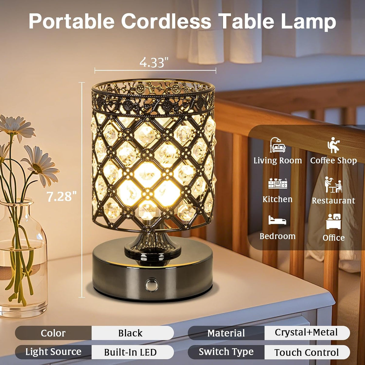 Black Small Crystal Rechargeable Cordless Table Lamps Set of 2 | 6000mAh Battery, 3 Color Temps, Stepless Dimming