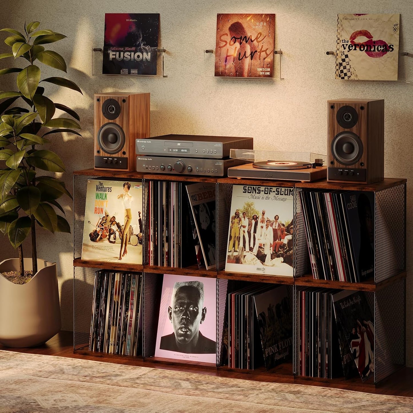 2 Cubes Record Holder Shelf Storage Furniture, Wooden Vinyl Record Storage | Modular Stackable, 80-110 Vinyl Album