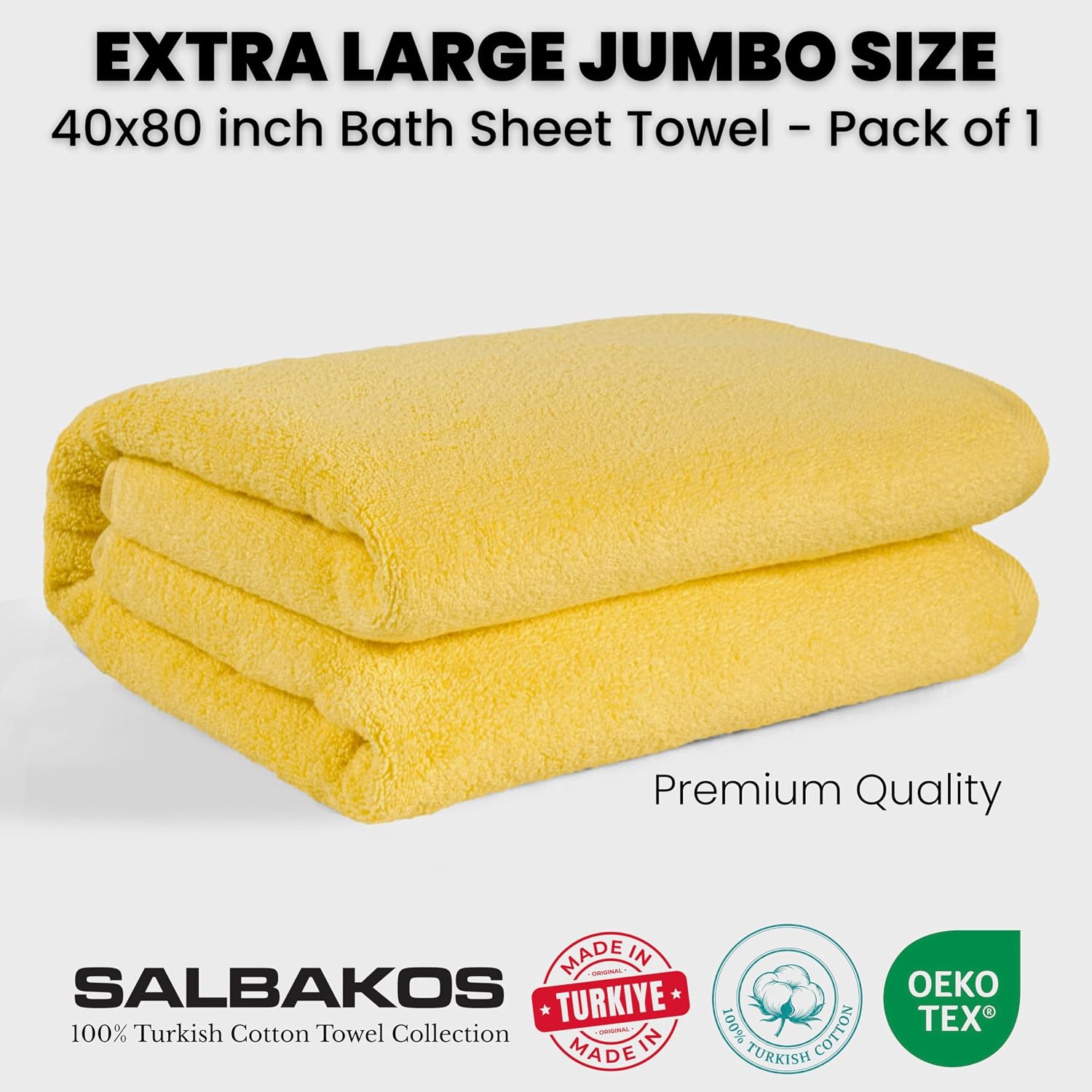 SALBAKOS Luxury 100% Turkish Cotton Bath Sheet 40x80 in (1-Piece, Yellow) | Extra Large Jumbo Oversized Bathroom and