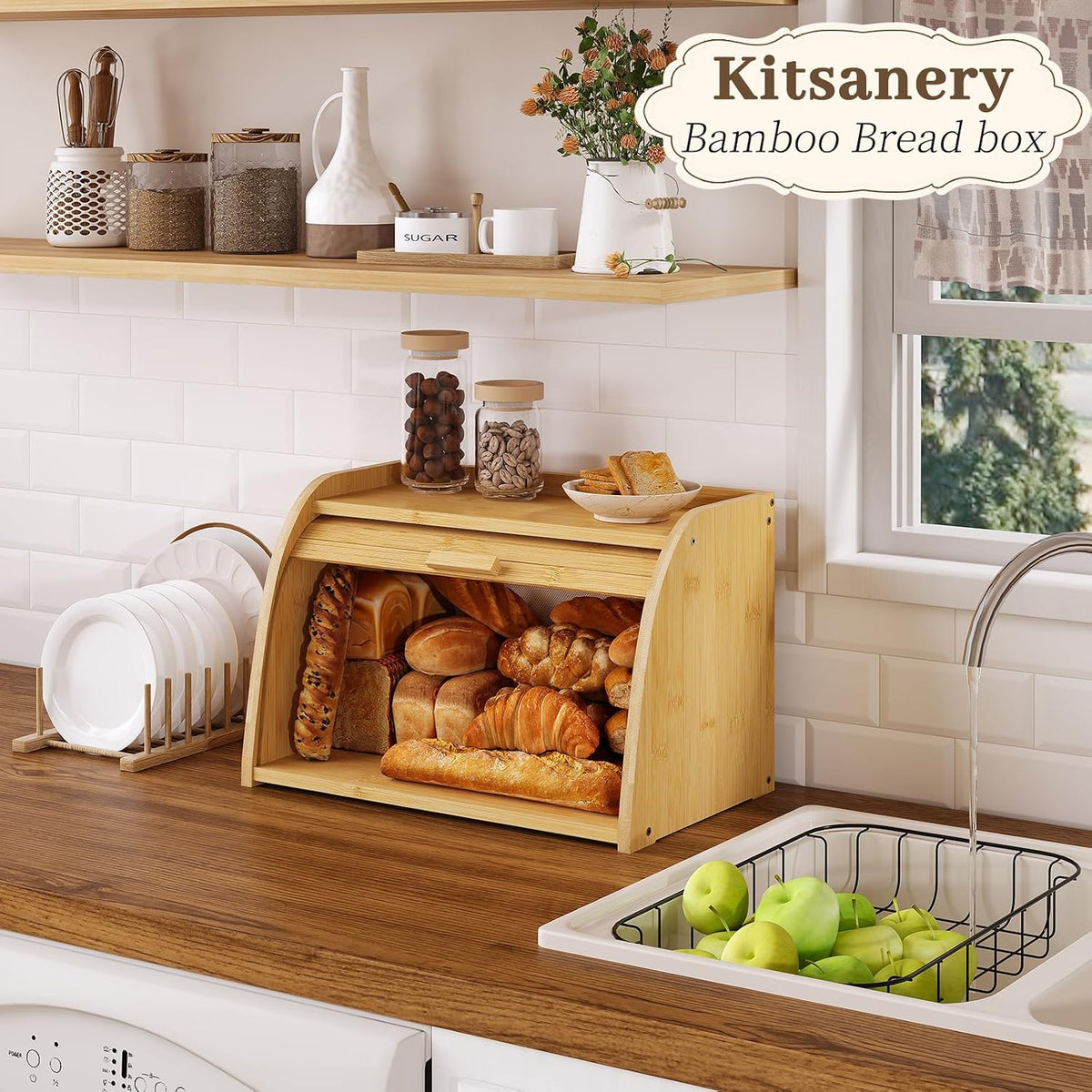 Kitsanery Bread Box for Kitchen Countertop, Bamboo Bread Storage, Double-Layer Roll-Top Bread Container, Farmhouse