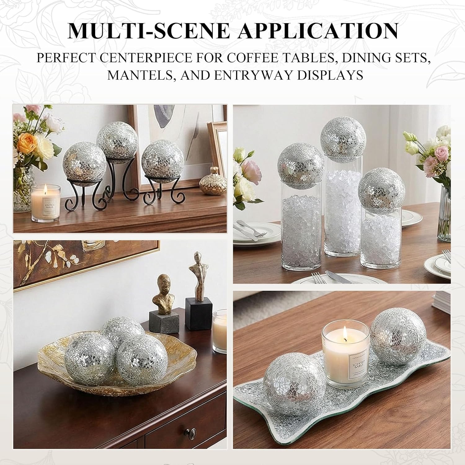Tray / Orbs Glass Balls for Centerpiece Bowls Mosaic Sphere / Silver / 3 Inch / Set of 3