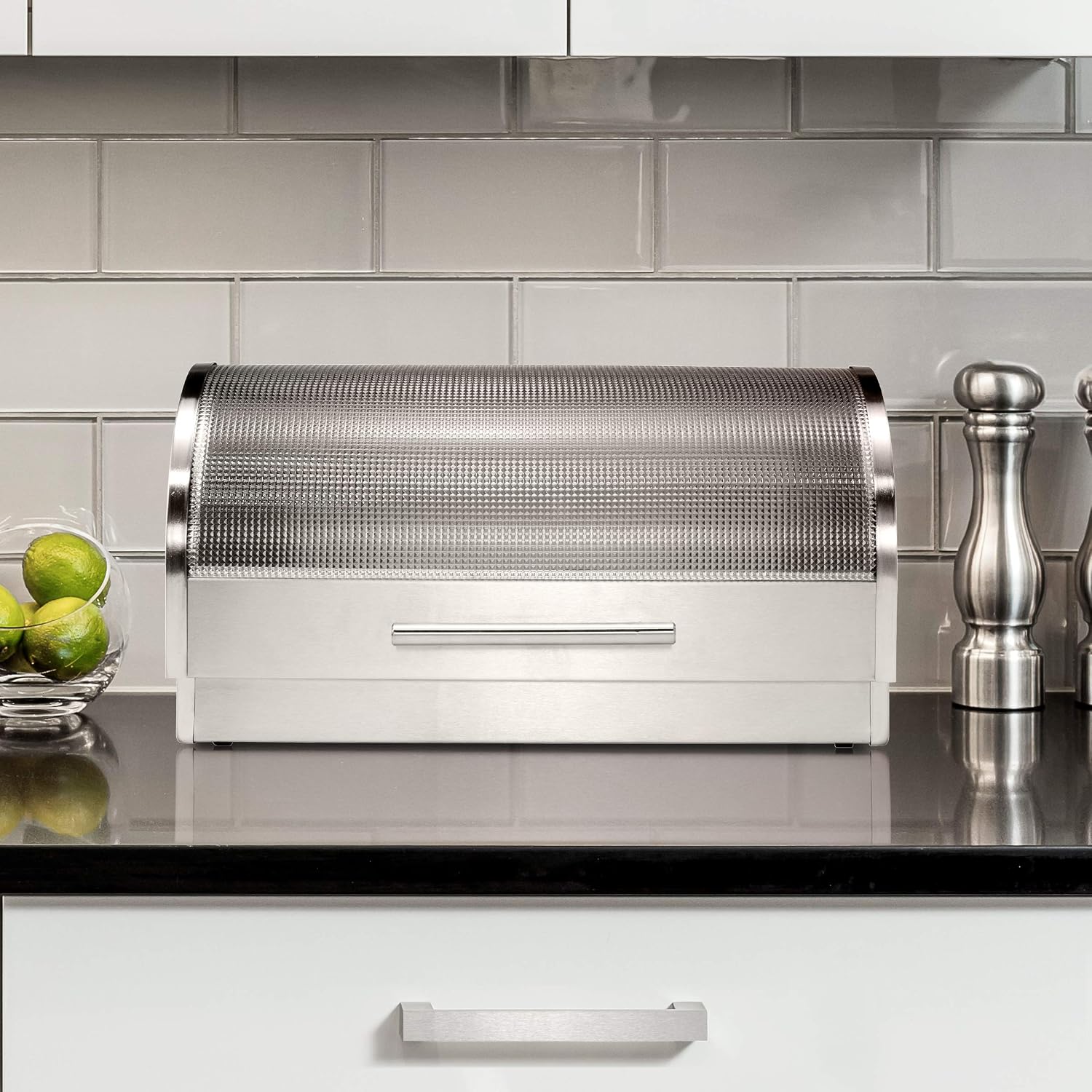 Oggi Stainless Steel Roll Top Bread Box for Kitchen Countertop with Tempered Glass Lid - Fits Multiple Large Loaves of