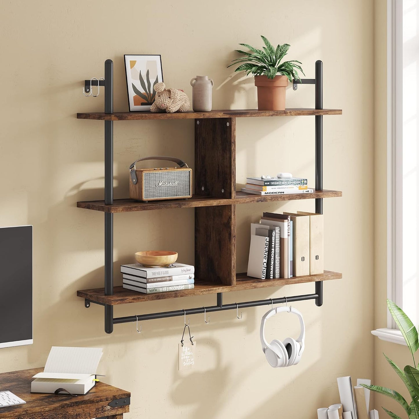 Bestier 41.5" Floating Shelves for Wall 3 Tier Kitchen Shelves Wall Mounted Coffee Bar Shelf Hanging Shelf with 8