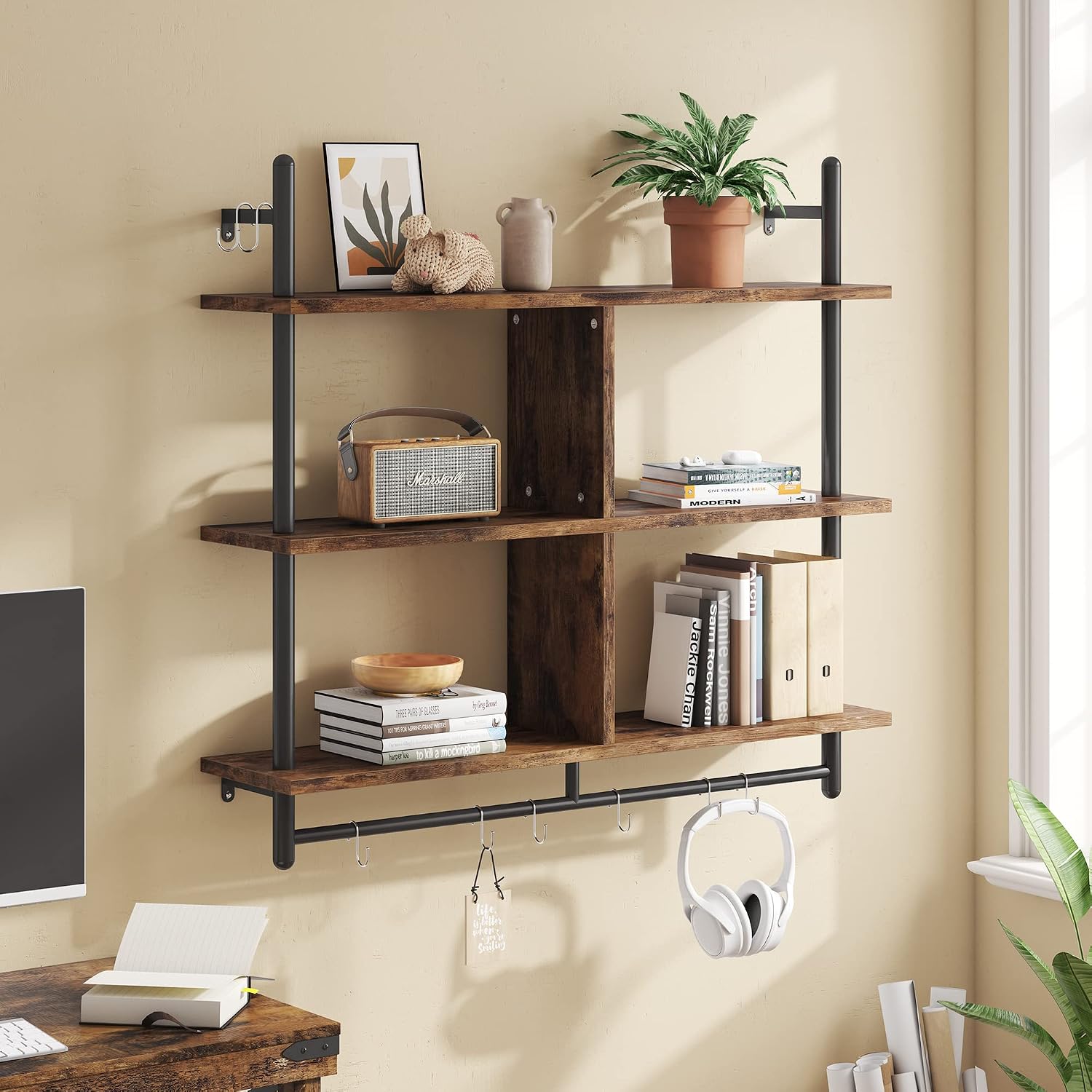 Bestier 41.5" Floating Shelves for Wall 3 Tier Kitchen Shelves Wall Mounted Coffee Bar Shelf Hanging Shelf with 8