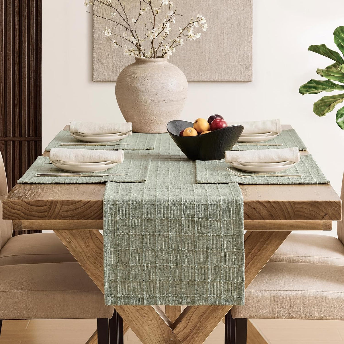 Artisanal Grid Decorative Linen Placemats Set of 6, Seeding Green | Thick Heavy Textured Washed Linen Place Mats