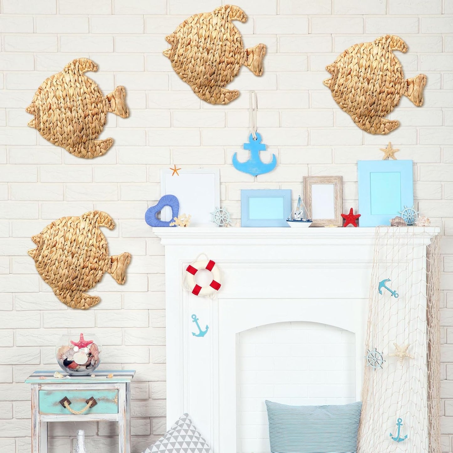 Wicker Fish Wall Decor Coastal Fish Hanging Sea Decors Handmade Wicker Beach / 12.6 Inch / Set of 4