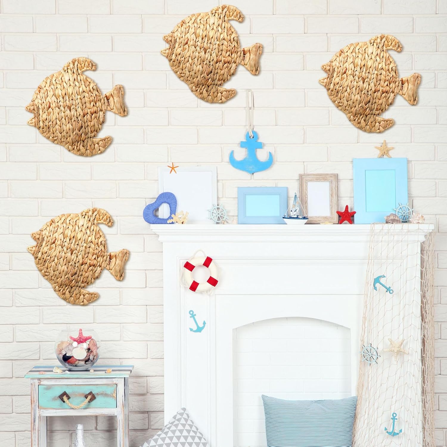 Wicker Fish Wall Decor Coastal Fish Hanging Sea Decors Handmade Wicker Beach / 12.6 Inch / Set of 4