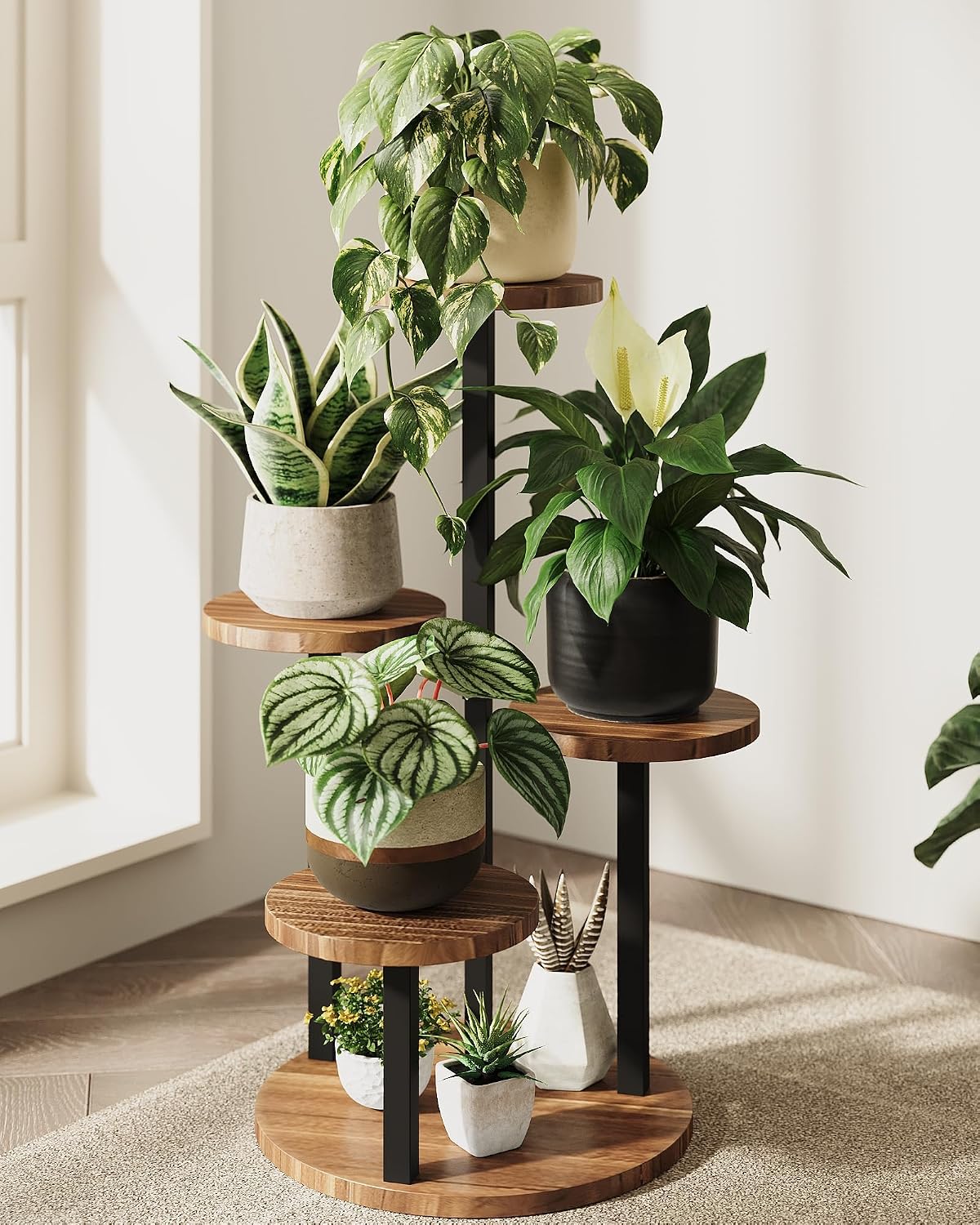 Bamworld Plant Stand Indoor Wood Plant Stand 4 Tier Brown | plant holders for Multiple Plants Tall Corner Plant Stands
