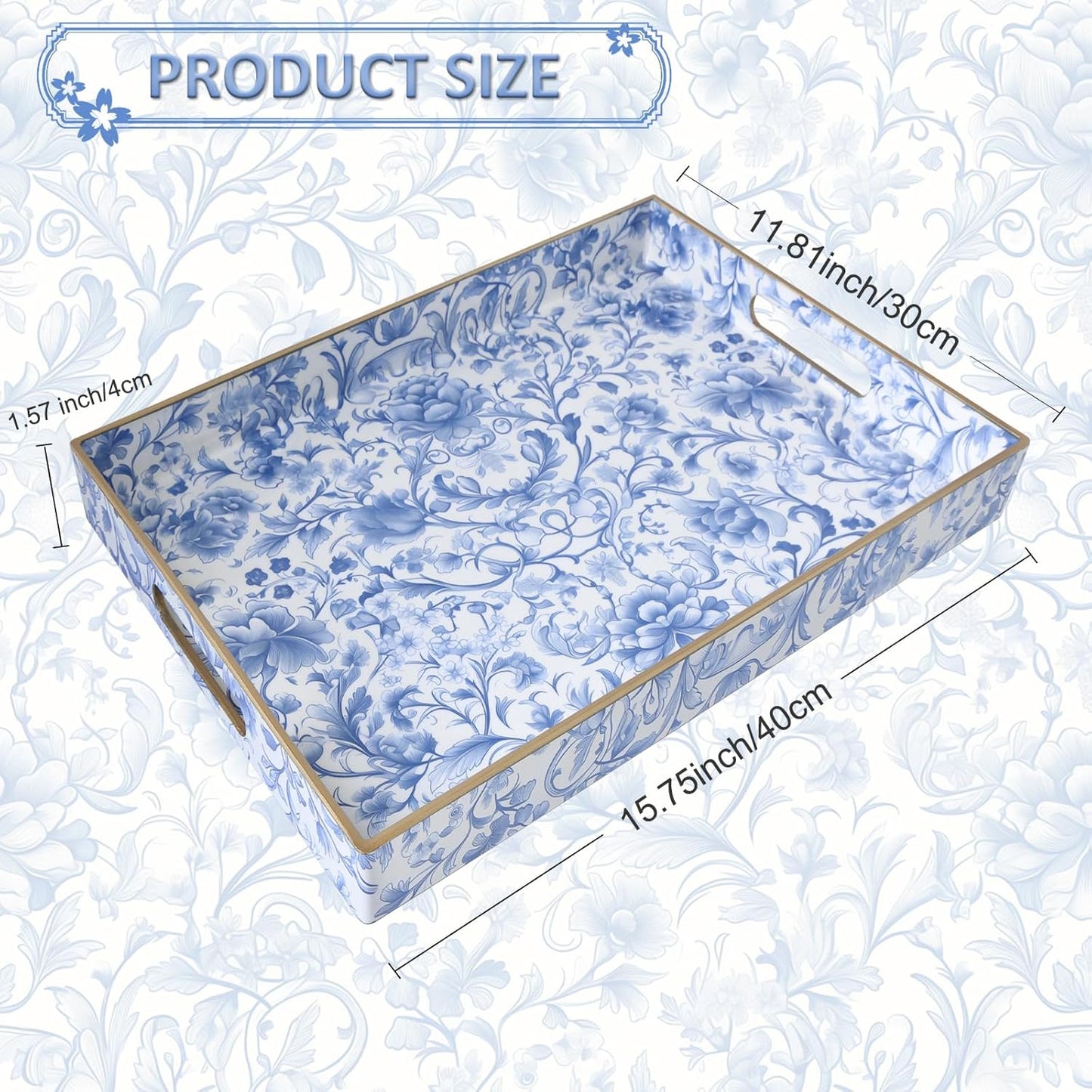 Serving Tray / Rectangular Plastic Tray / Blue and White Peony 1 Pc / 15.8 x 11.8 x 1.6