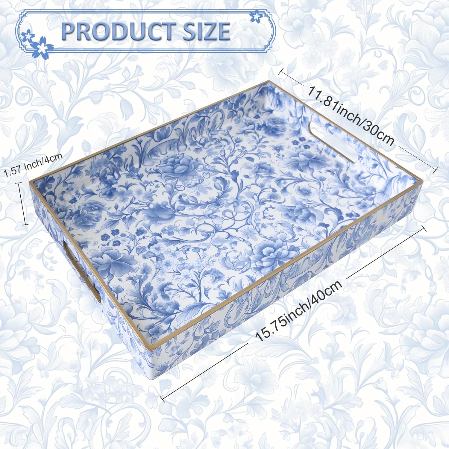 Serving Tray / Rectangular Plastic Tray / Blue and White Peony 1 Pc / 15.8 x 11.8 x 1.6