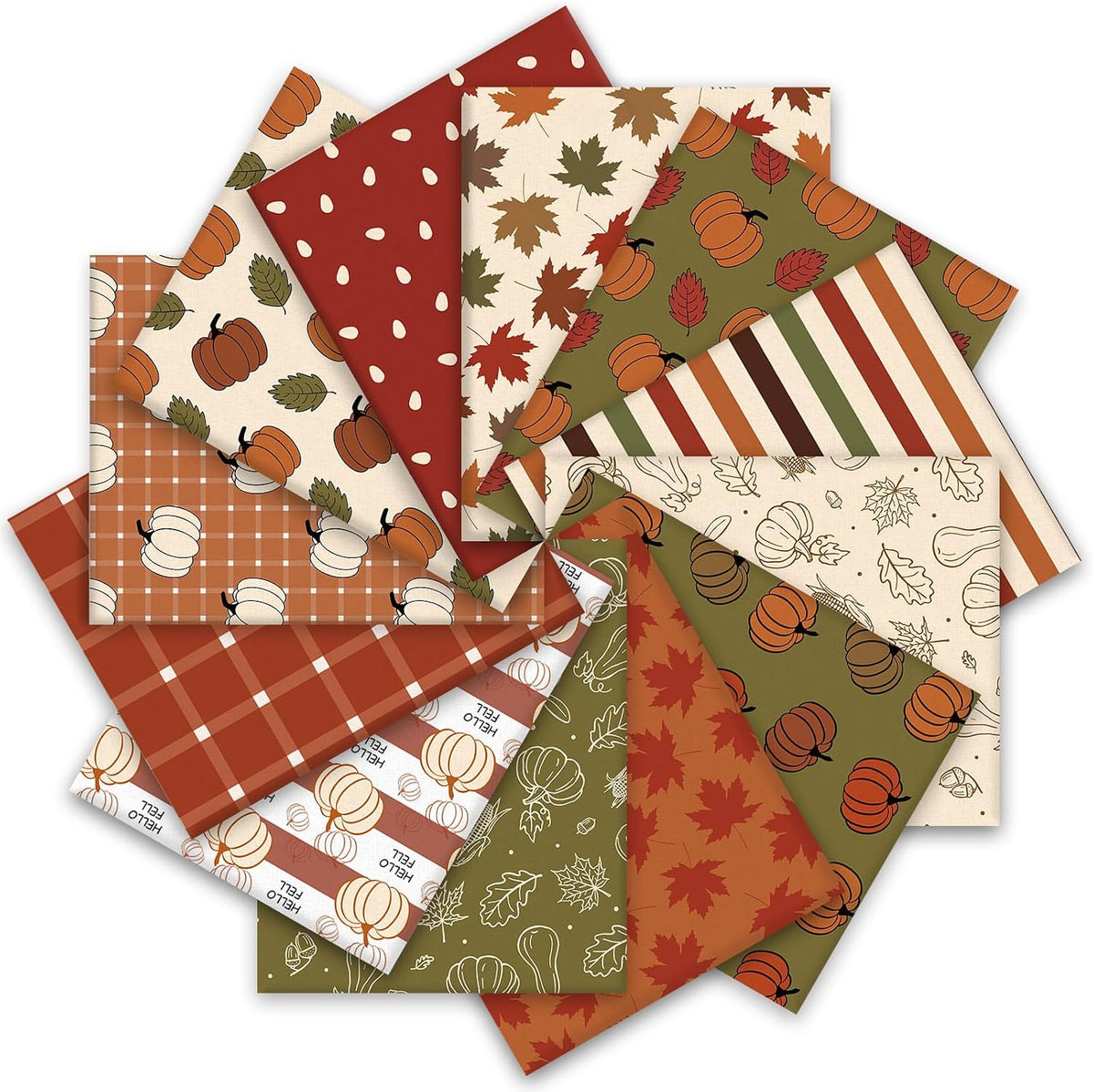 Whaline 12 Pcs Boho Fall Fabric Squares Cotton Fabric Bundles Green Brown Pumpkin Maple Leaf Plaid Sewing Fabrics for Autumn Thanksgiving DIY Handmade Craft Decor, 10 x 10 Inch