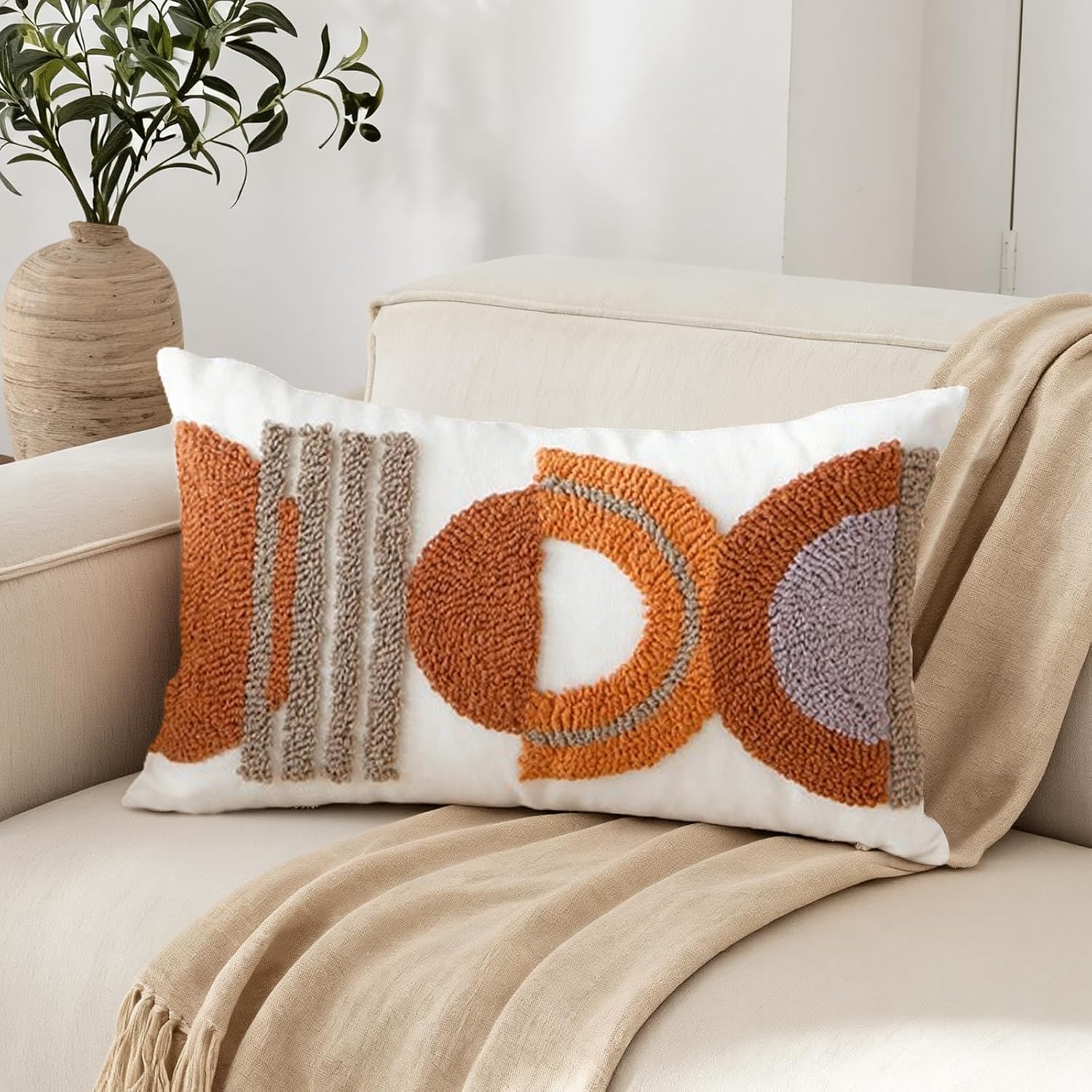 1Pc Boho Tufted Lumbar Pillow Cover / Geometric / 12 x 20