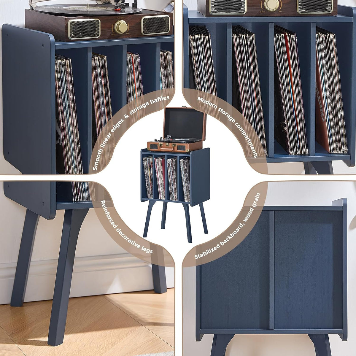 Record Player Stand, Blue Vinyl Record Storage Table for Albums | Mid-Century Modern Turntable Stand with Wood Legs, 4