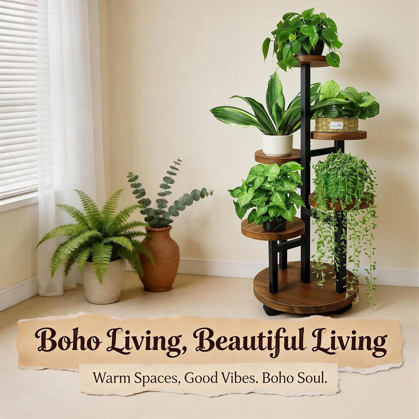 5 Tier Plant Stand With 4 Wheels | Metal Wood Tall Plant Stands For Indoor Plants Multiple, Corner Tiered Flower Plants