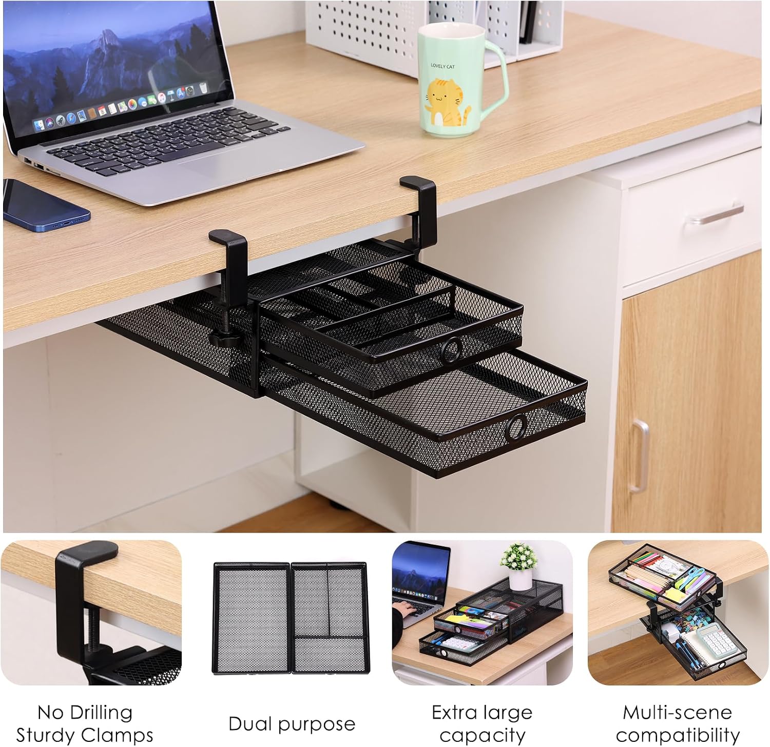 Under Desk Drawer, Clamp on Desk Organizer Slide Out Table Storage No Drill | 2Tier Under desk drawer: clamp on desk