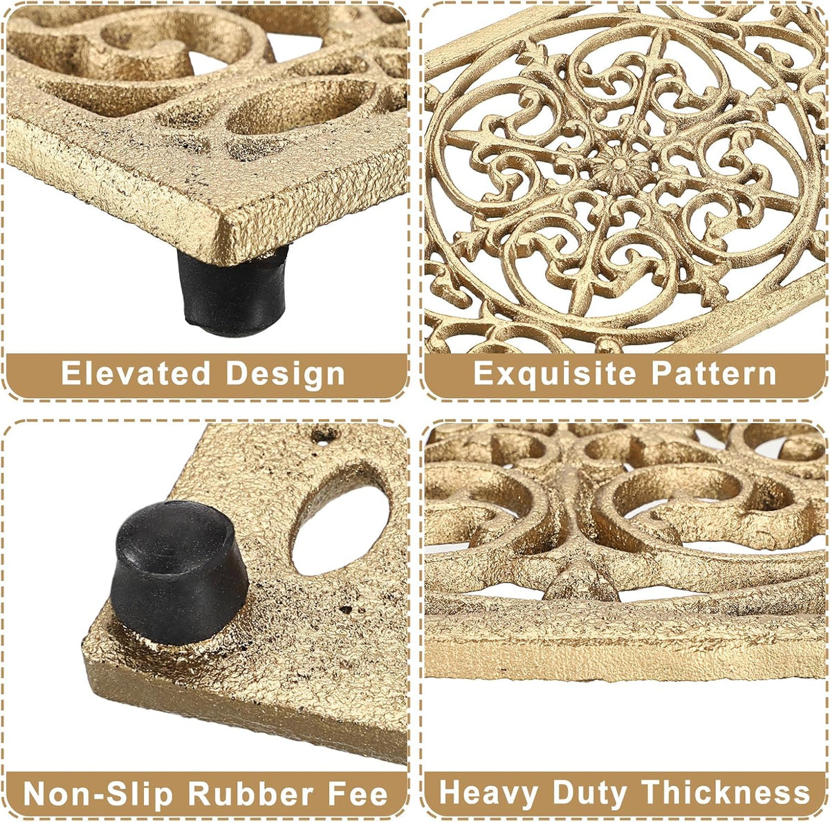 Sumnacon Cast Iron Trivet 2Pcs Heat Resistant Trivets for Hot Pots and Pans | 9.6 x 6.3 Inch Metal Trivets with Rubber