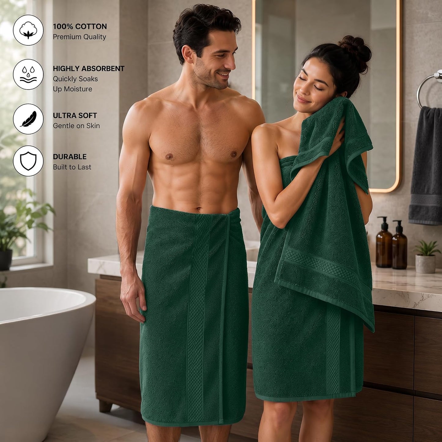 DAN RIVER 600 GSM Cotton Large Bath Towels Set of 4, 27 x 54 Inches H-Green | Larger & Lighter Weight Towels for
