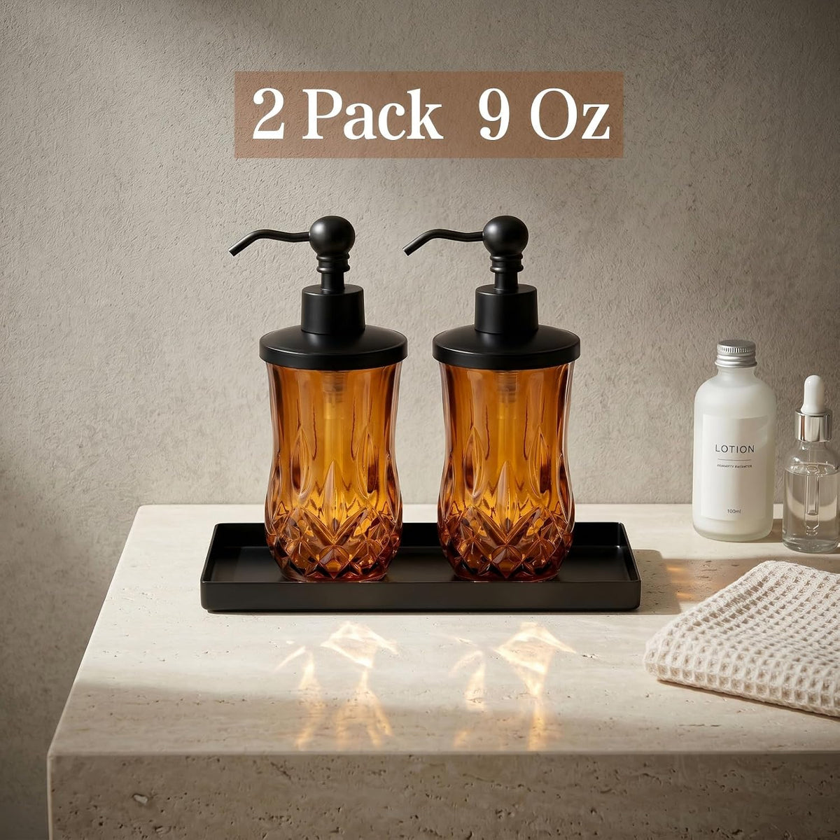 2 Pack 9Oz Amber Soap Dispenser, Round Thick Glass | Featured texture pattern, for lotion,hand soap or body wash for