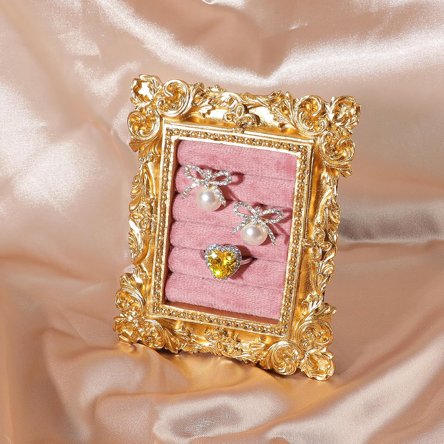 Vintage Ring Holder Rectangle Gold Velvet Display Stand / Mpf05-gold Pink