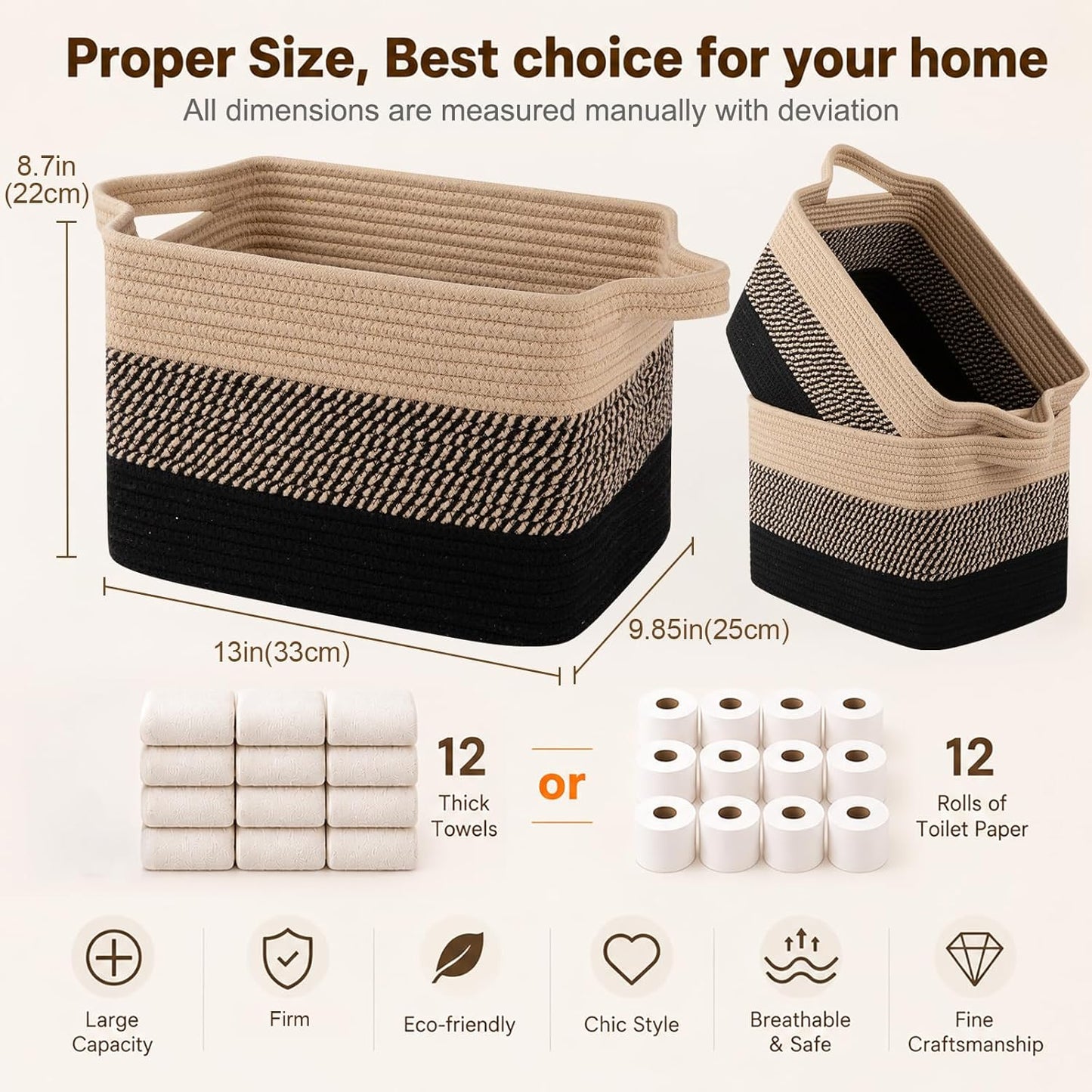 Woven Baskets for Storage / Black & Brown / 13 x 9.9 x 8.7 / Set of 3