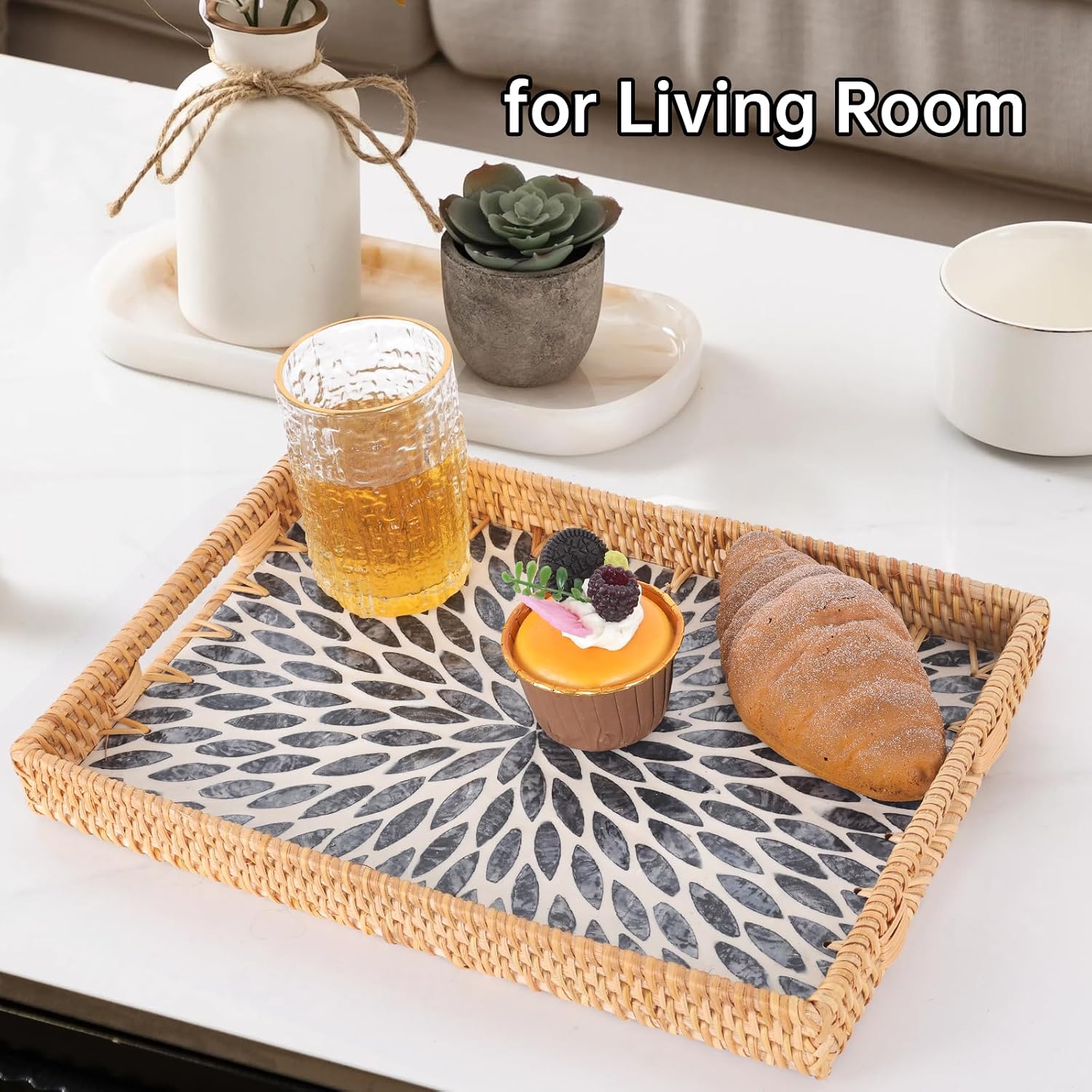 Rattan Serving Tray / Black Leaf