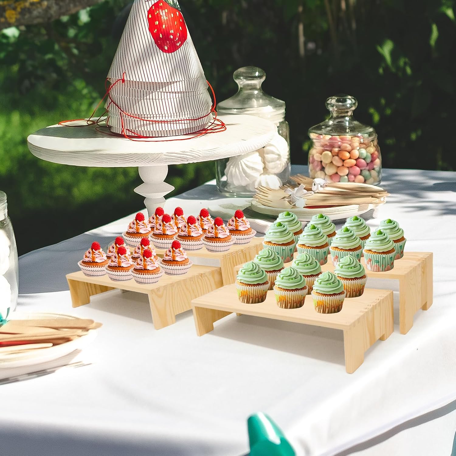Yikaroeli 4Pcs Large Display Riser Wood Risers Cupcake Display Stand 2 Tier Racks Rectangular, 2 Set Perfume Decorative