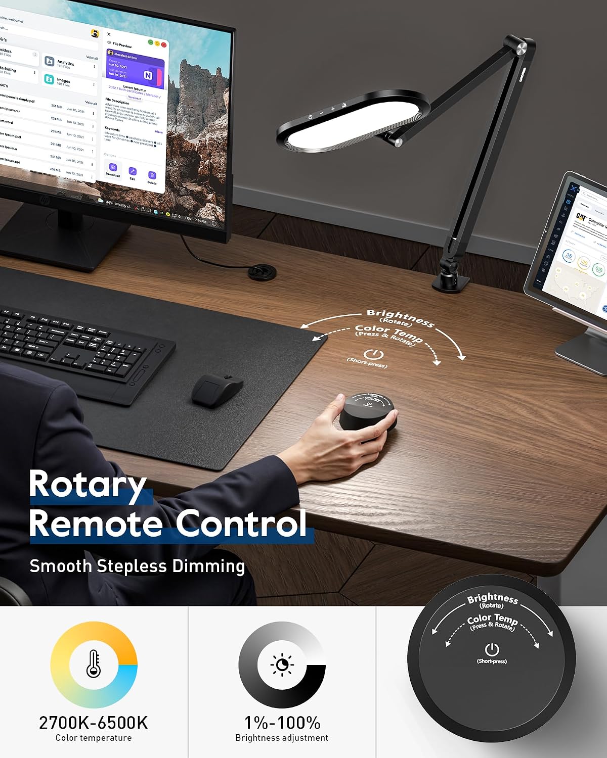 LED Desk Lamps for Home Office, Dual-Sided Soft Light with Stepless Remote | Eye-care, Flicker & Glare-Free, Memory
