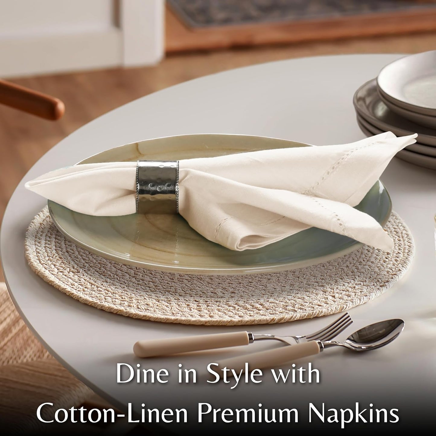 Ramanta Home Natural Cloth Dinner Napkin Set of 12-20x20 Inch, Premium Cotton Linen Flax Hemstitched Napkins, Soft
