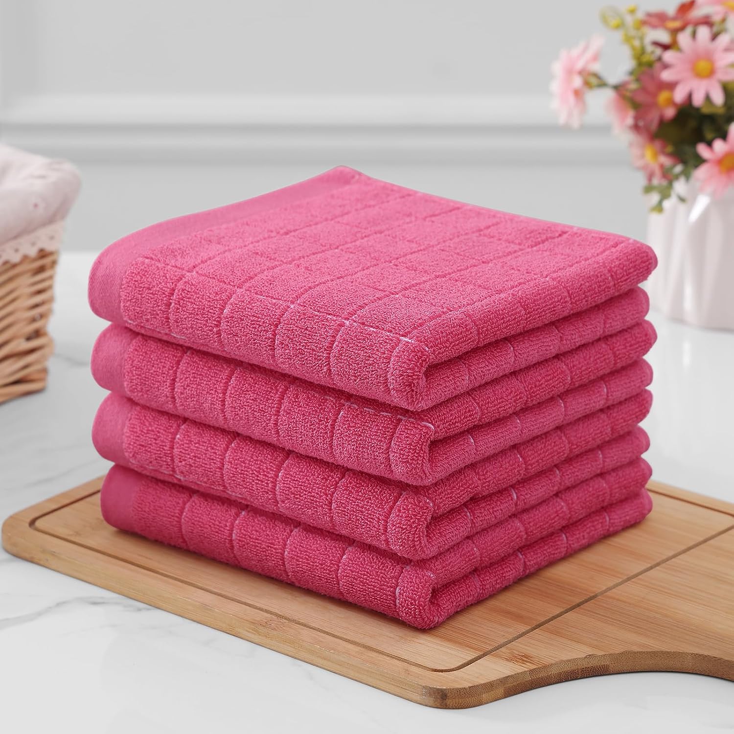 Homaxy 100% Cotton Terry Kitchen Towels, 8 Pack, Rose Red | Ultra Soft and Absorbent Dish Towels for Kitchen, Suitable