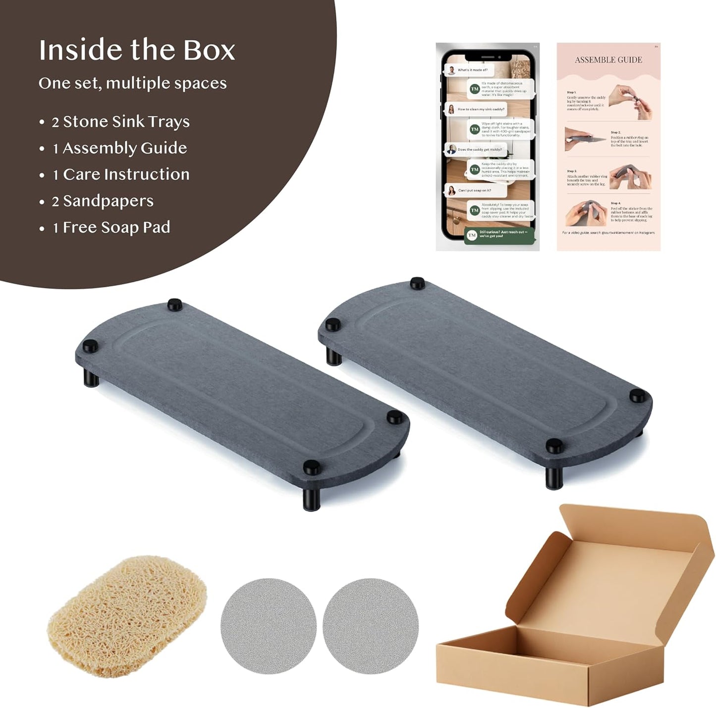 Water Absorbing Stone Soap Tray / Dark Gray / Set of 2