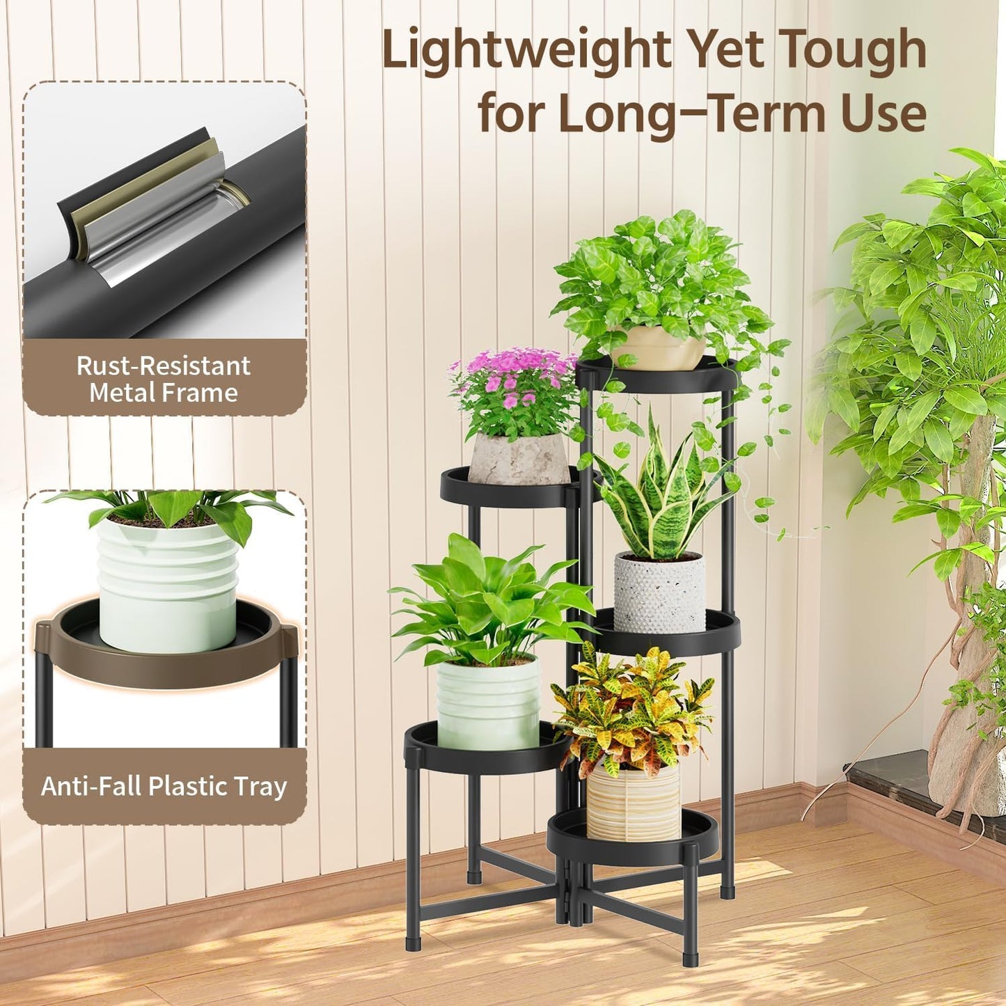 LASZOLA Plant Stand Indoor Outdoor Tall with Plastic Tray, 5 Tiers Black | Corner Folding Flower Display Rack, Modern