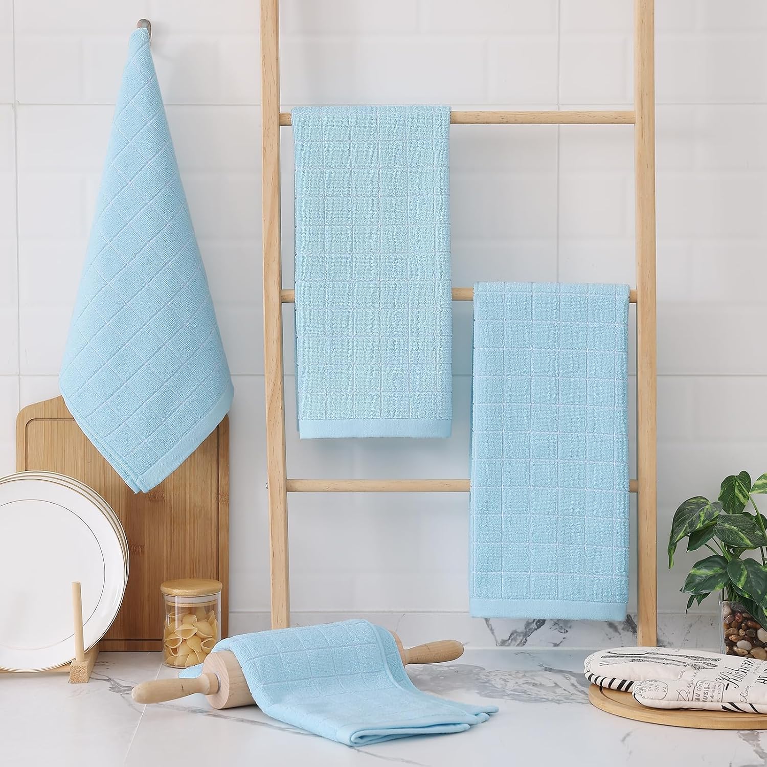 Homaxy 100% Cotton Terry Kitchen Towels, 8 Pack, Sky Blue | Ultra Soft and Absorbent Dish Towels for Kitchen, Suitable