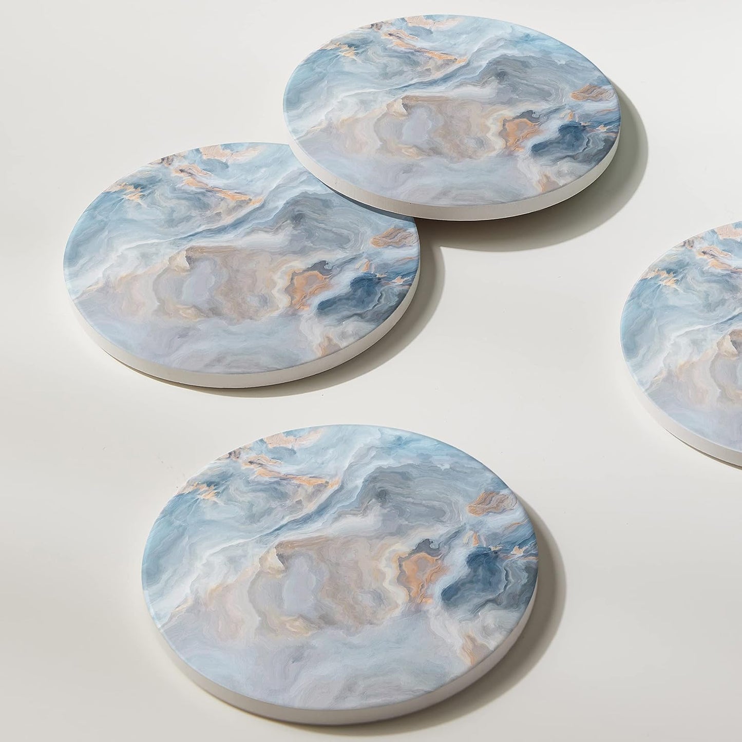 Holder / Absorbent Ceramic Coasters for Drinks / Abstract Blue Marble / Set of 6