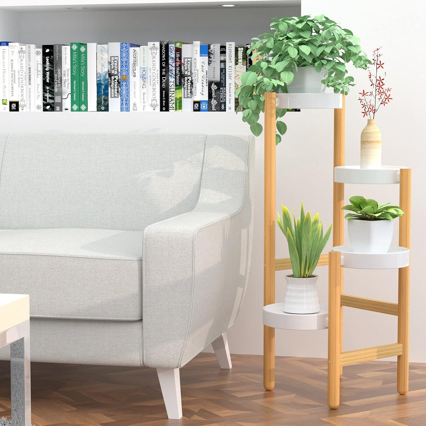 Wisuce Bamboo Plant Stand Indoor, 4 Tier Tall Corner Plant Shelf Table | Easy-Clean Steel Top | Smooth Bamboo | Narrow