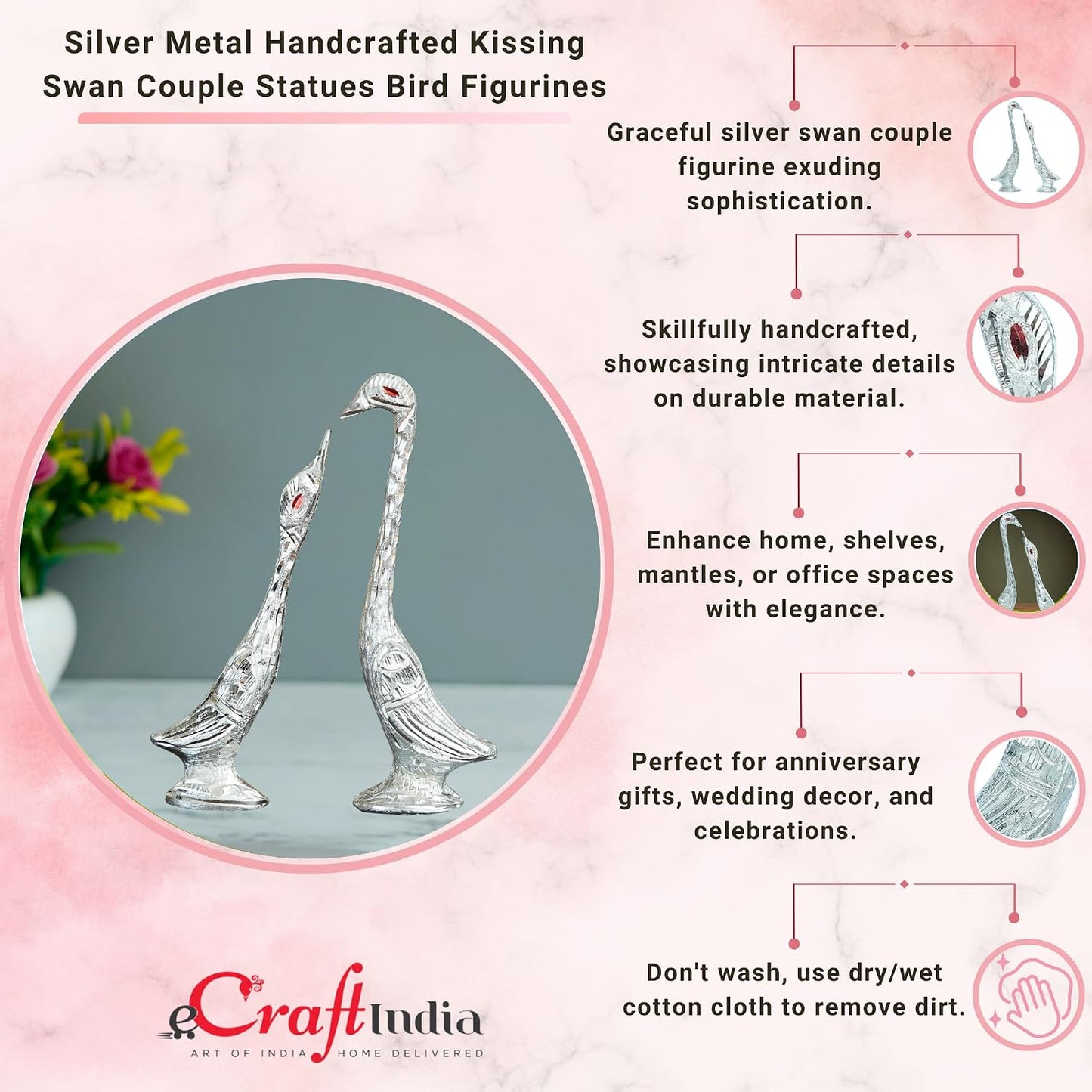 Golden Metal Loving Kissing Swan Couple Statue Love Birds Figurines Showpieces / Silver