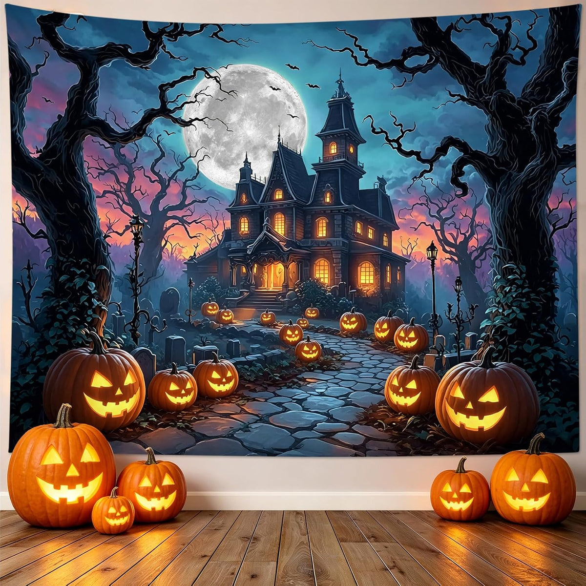 LB Spooky Halloween Tapestry for Bedroom, Horror Pumpkin Ghost Castle Wall Tapestry, Black Dead Tree Bat Moon Night Extra Large Tapestries Wall Hanging for Living Room Dorm Decor, 92Wx70.5H inches