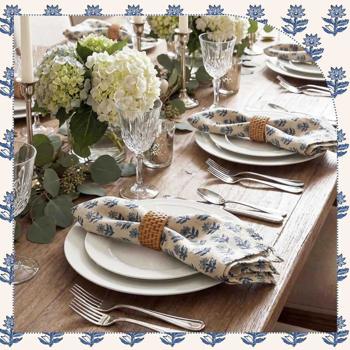 Set of 12 Floral Cloth Napkins Blue Linen Cloth Napkins Spring Flower Wildflowers Dinner Napkin 15 x 15 Inch Vintage