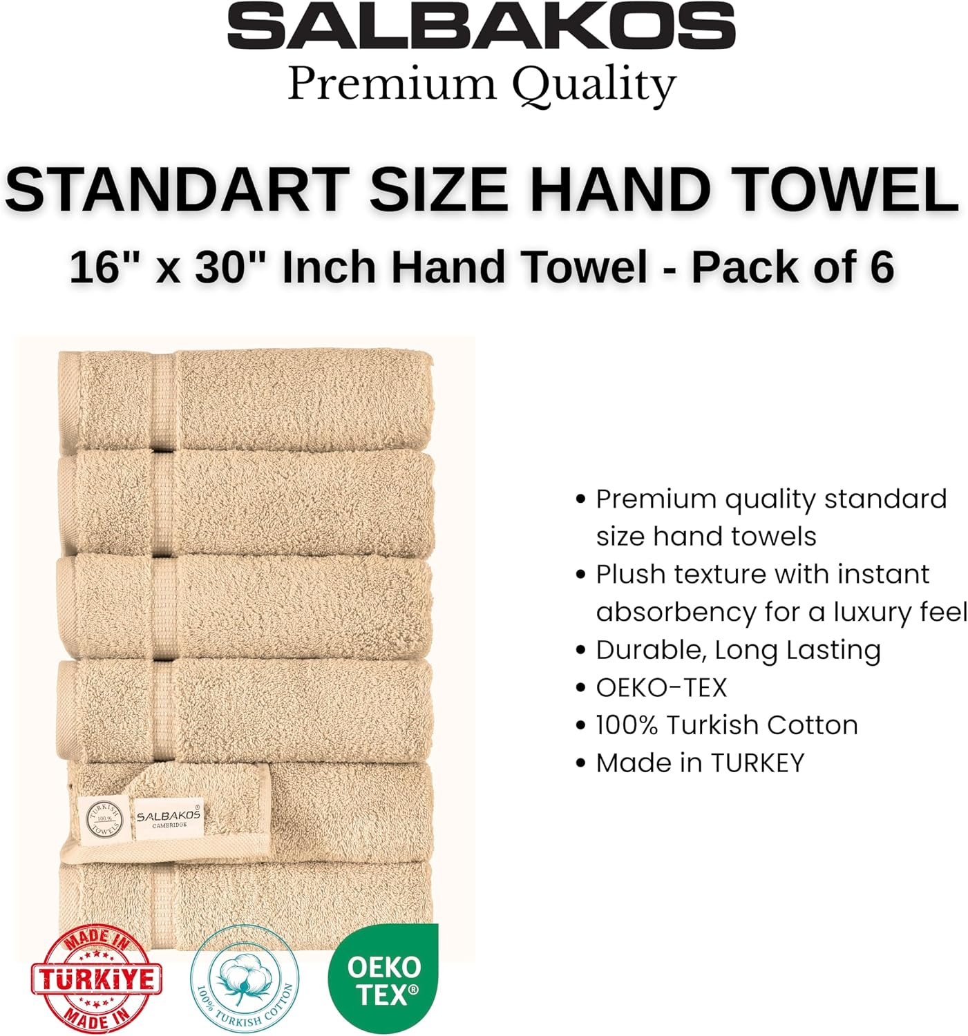 SALBAKOS 6-Piece 100% Turkish Cotton Hand Towels, 16x30 inch, Taupe | Large Size Thick Super Soft Highly Absorbent
